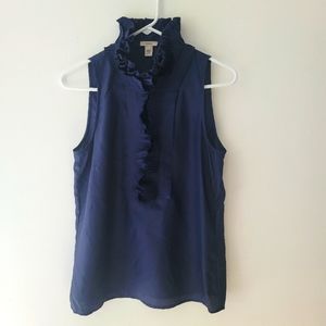 JCrew navy silk sleeveless blouse with pleated collar. 3/4 button up top